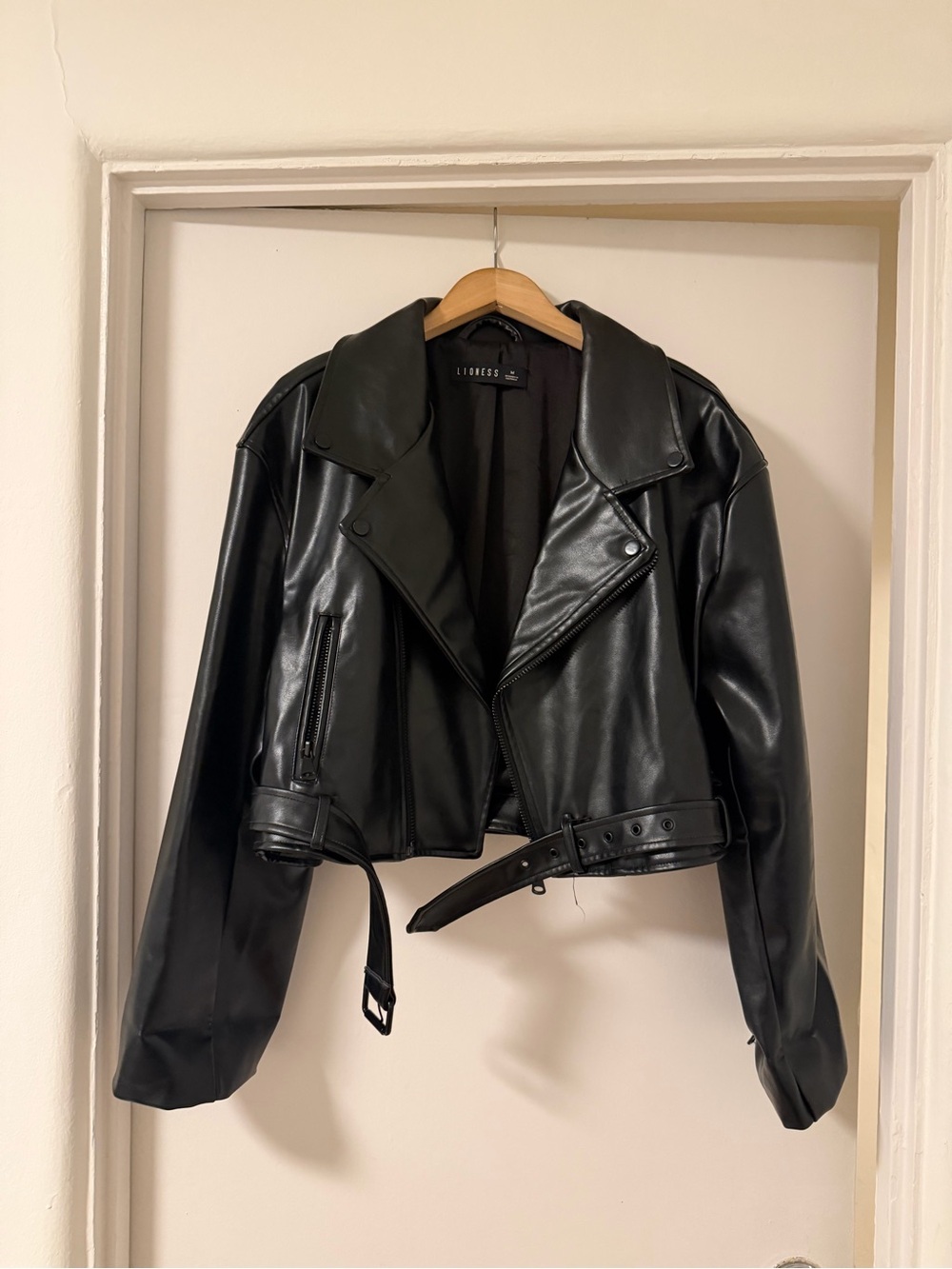 Lioness Black Faux Leather Cropped Moto Jacket